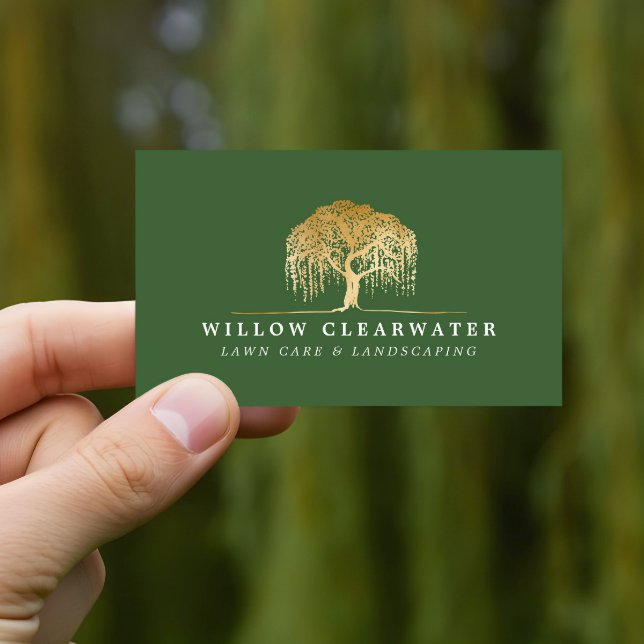 Rustic Modern Green & Gold Willow Tree Landscaping Business Card (Rustic Modern Green & Gold Willow Tree Landscaping Business Card)