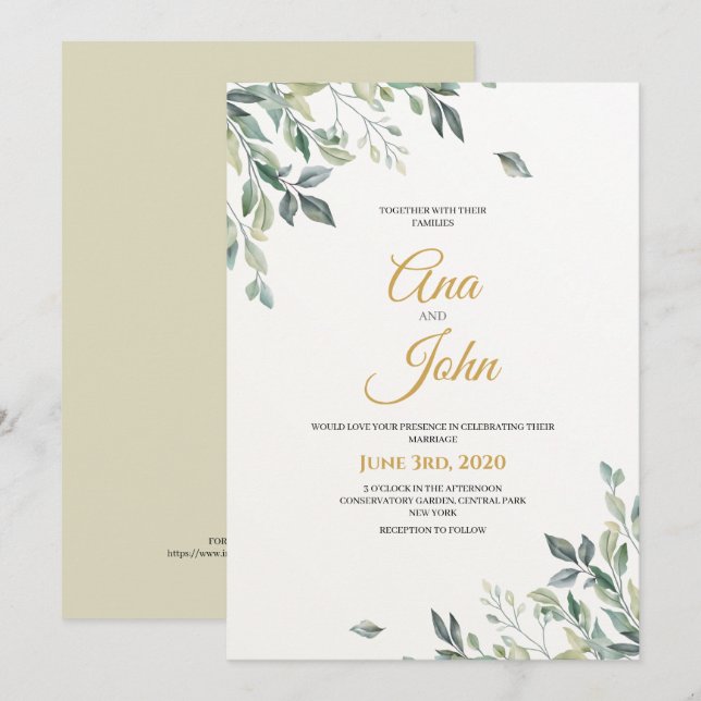 Rustic Modern Green Leaves Wedding Invitation (Front/Back)
