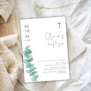 Rustic Modern Greenery Eucalyptus Cross Baptism Invitation