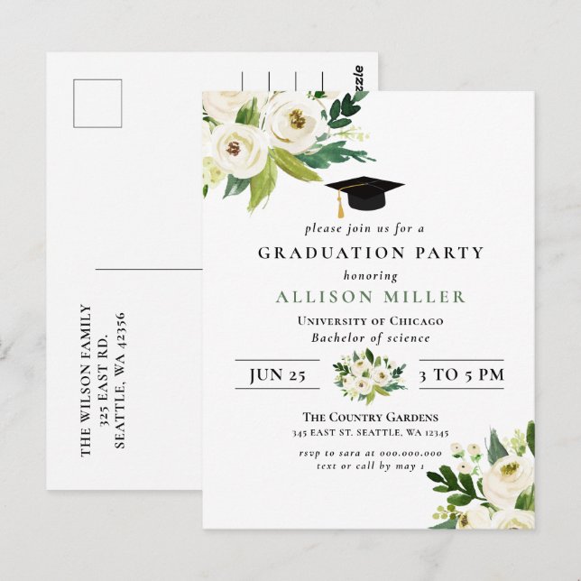 Rustic Modern Greenery Ivory Floral Graduation  In Postcard (Front/Back)