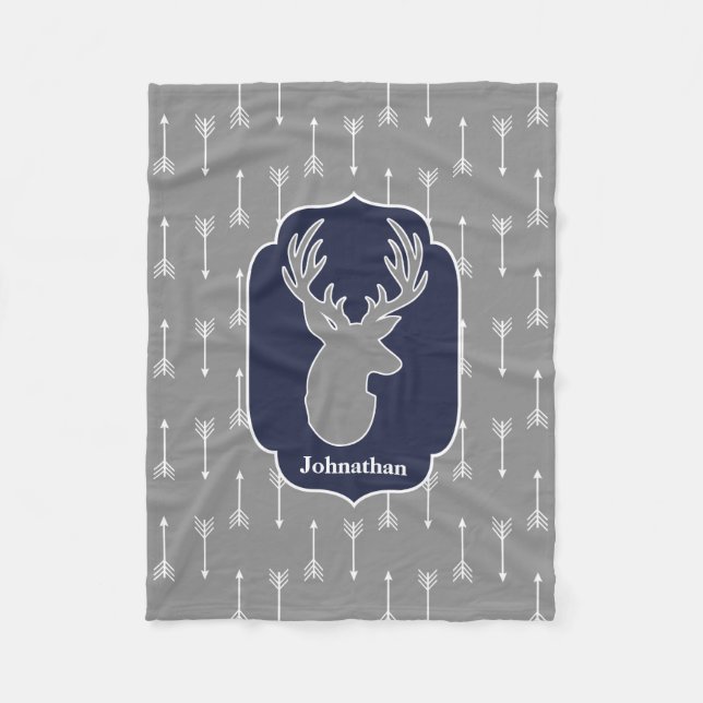 Rustic Modern Grey Deer & White Arrows Fleece Blanket (Front)