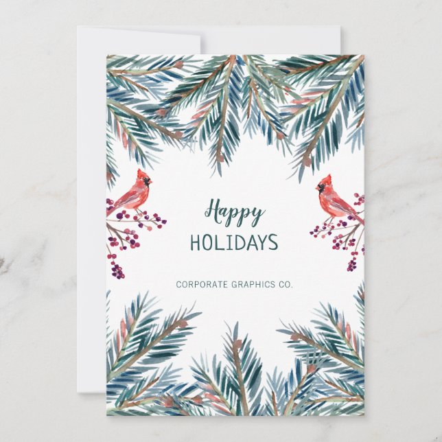 Rustic modern Happy Holidays pine corporate LOGO Holiday Card (Front)