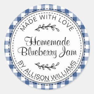 Rustic Modern Homemade Blueberry Jam Blue Check Classic Round Sticker