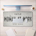 Rustic Modern Industrial Farmhouse Girl Name City Desk Mat<br><div class="desc">Elevate your living space with our exquisite industrial farmhouse desk mat, where timeless charm meets modern farmhouse aesthetics. This desk mat effortlessly combines rustic elegance with an industrial edge, featuring a faux cracked and distressed off-white background that exudes a sense of history through chipping paint and weathered textures. Personalised with...</div>