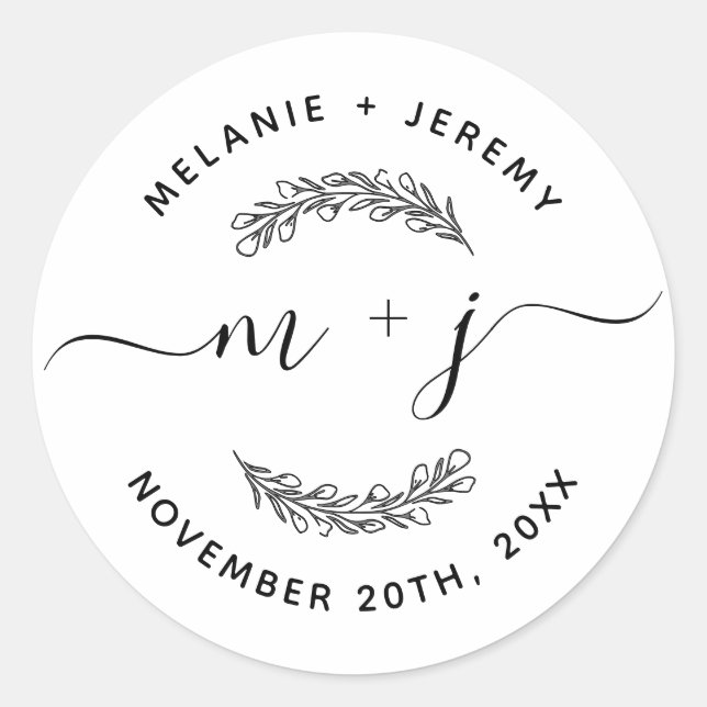 Rustic Modern Leaves Initials Script Round Wedding Classic Round Sticker (Front)