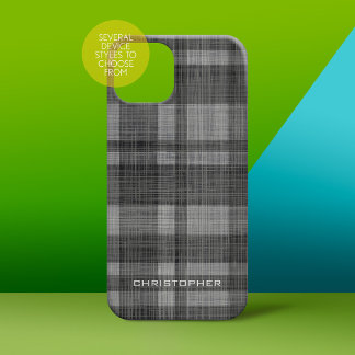 Rustic Modern Linen Plaid Pattern Name Black Grey iPhone 16 Pro Case