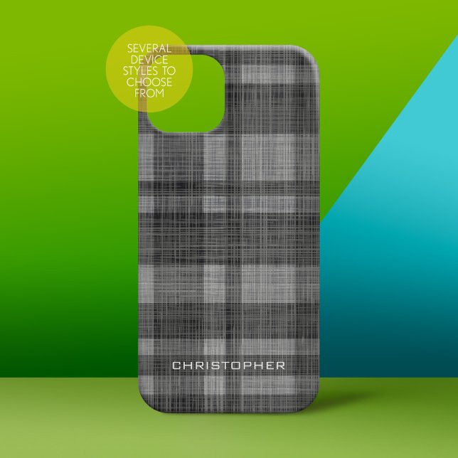 Rustic Modern Linen Plaid Pattern Name Black Grey Case-Mate iPhone Case (phone case for men)