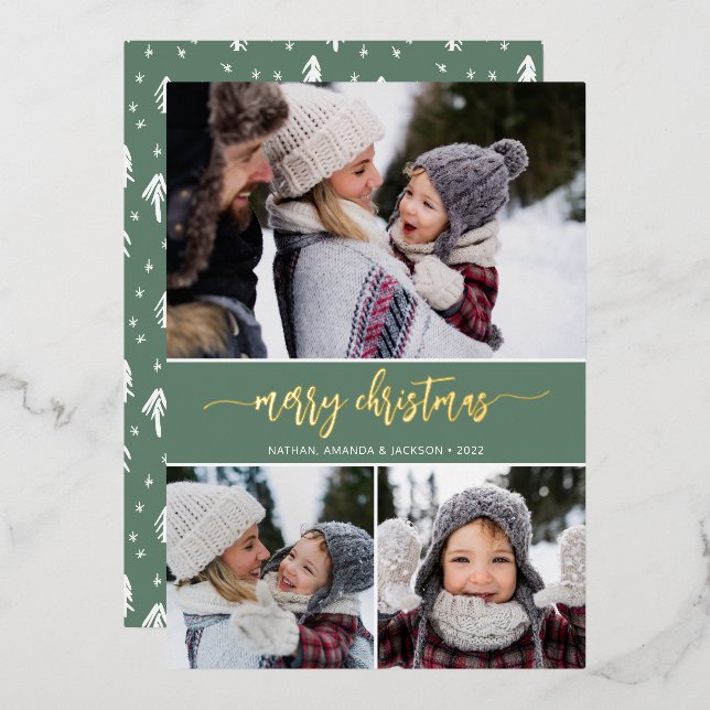 Rustic Modern Merry Christmas Three Photo Foil Holiday Card (Front/Back)