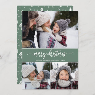 Rustic Modern Merry Christmas Three Photo Holiday Card