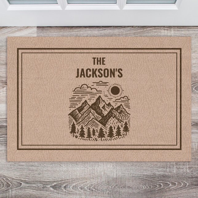 Rustic Modern Mountain Custom Doormat (Modern Rustic Mountain Hand-drawn Custom Name Doormat)