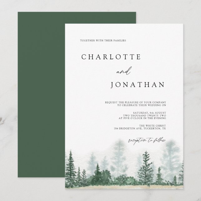 Rustic Modern Mountain Forest Watercolor Wedding Invitation (Front/Back)