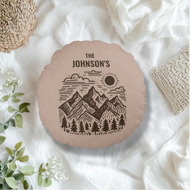 Rustic Modern Mountains Custom Round Cushion (Round Mountain Modern Rustic Throw Pillow)