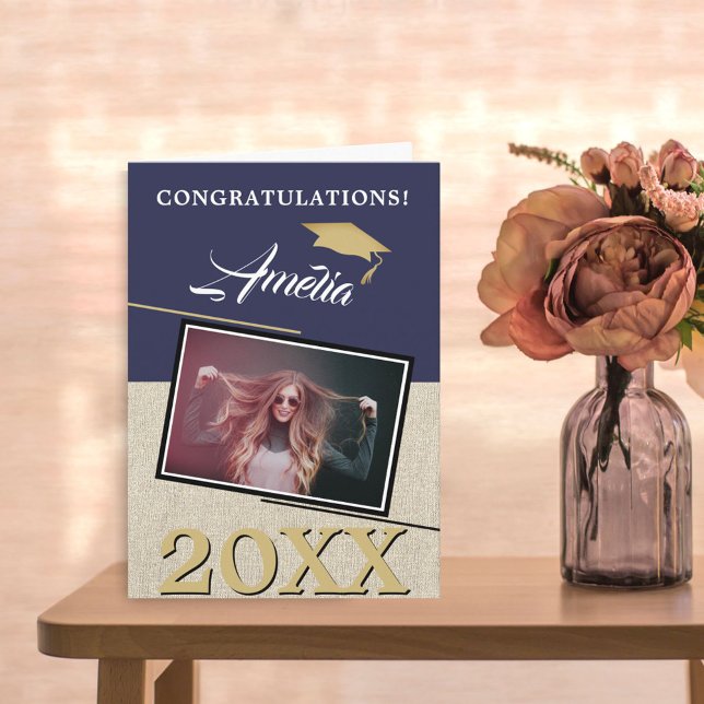 Rustic Modern Navy Blue Graduate Photo Graduation Card (Creator Uploaded)
