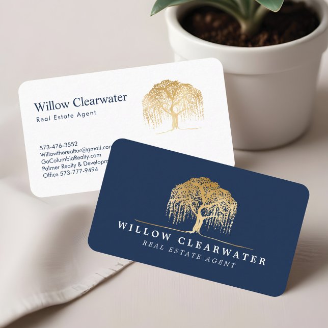 Rustic Modern Navy & Gold Willow Tree Logo Business Card (Rustic Modern Navy & Gold Willow Tree Logo Business Card)