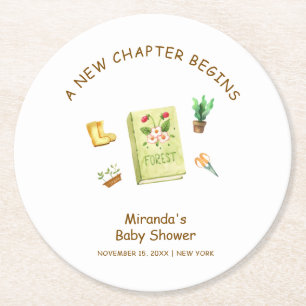 Rustic Modern New Chapter Garden Book Baby Shower  Round Paper Coaster