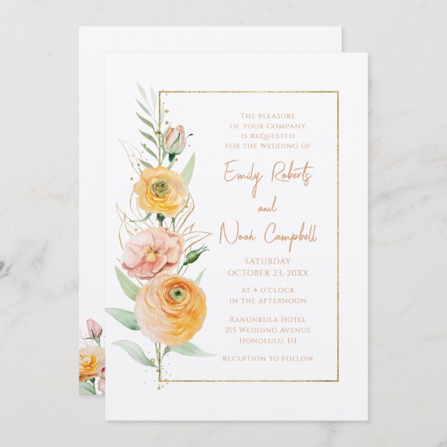 Rustic Modern Orange Yellow Watercolor Floral Invitation (Front/Back)