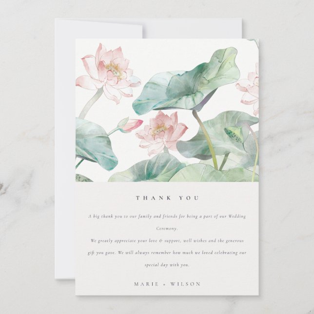 Rustic Modern Pastel Blush Green Waterlily Wedding Thank You Card (Front)