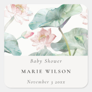 Rustic Modern Pastel Blush Waterlily Baby Shower Square Sticker