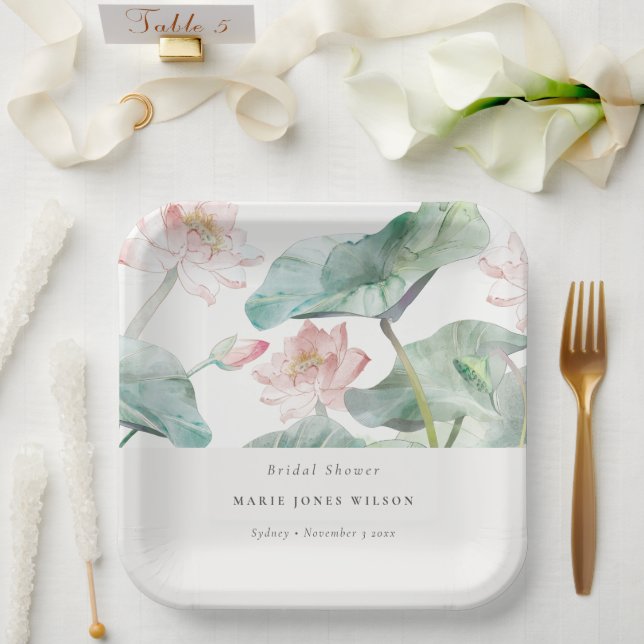 Rustic Modern Pastel Blush Waterlily Bridal Shower Paper Plate (Wedding)