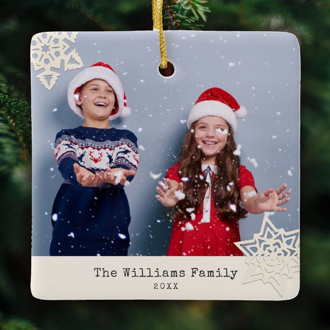 Rustic Modern Photo Snowflake Family Name Ceramic Ceramic Ornament (Creator Uploaded)
