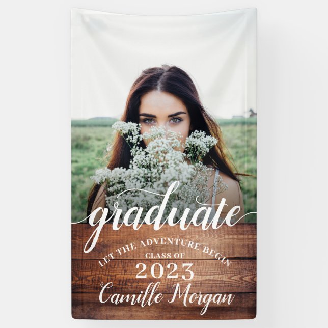 Rustic Modern Photo Wood Script Graduation Banner (Vertical)