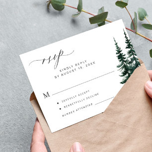 Rustic modern pine trees wedding RSVP card