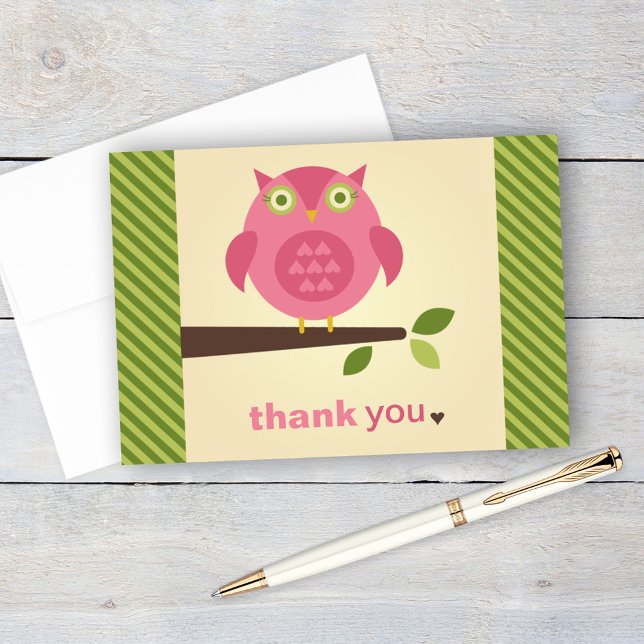 Rustic Modern Pink Owl on Tree Branch Thank You Card (Creator Uploaded)