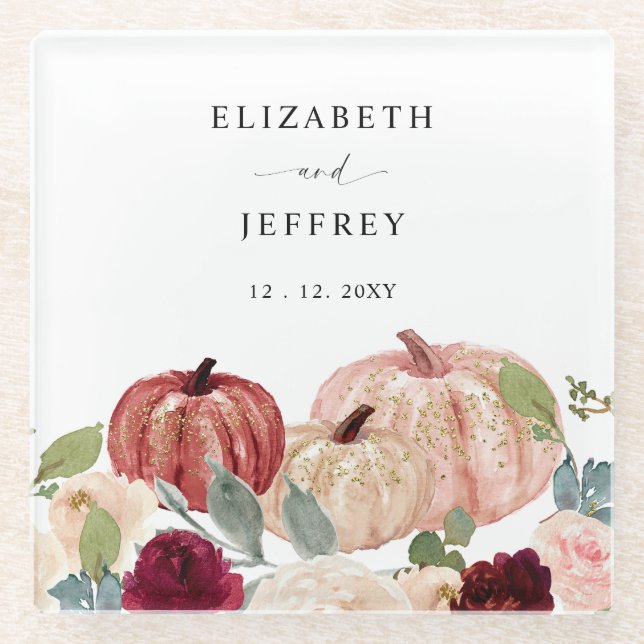 Rustic Modern Pumpkins Country Fall Wedding Glass Coaster (Front)