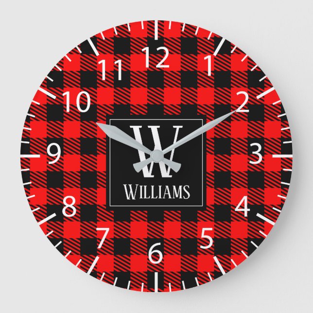 Rustic Modern Red Buffalo Plaid Chequered Monogram Large Clock (Front)