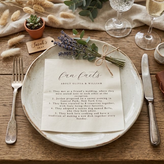 Rustic Modern Script Fun Facts Wedding Napkin (Creator Uploaded)