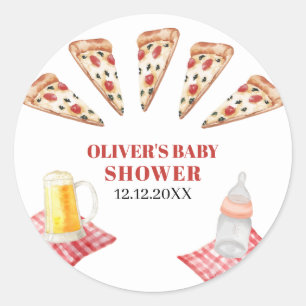 Rustic Modern Slice Pizza Beers Baby Shower Classic Round Sticker