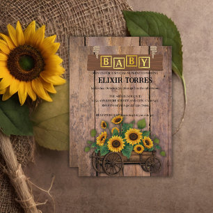 Rustic Modern Sunflower Carriage Baby Shower Invitation