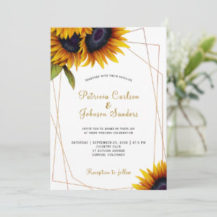 Rustic modern sunflower gold frame wedding invitation
