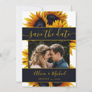 Rustic modern sunflowers chic script wedding photo save the date