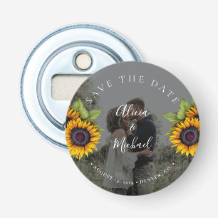 Rustic modern sunflowers photo wedding save date bottle opener