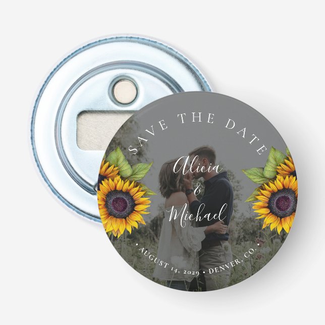 Rustic modern sunflowers photo wedding save date bottle opener (Front)