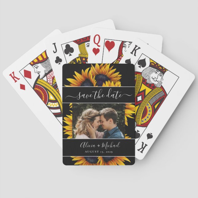 Rustic modern sunflowers photo wedding save date playing cards (Back)