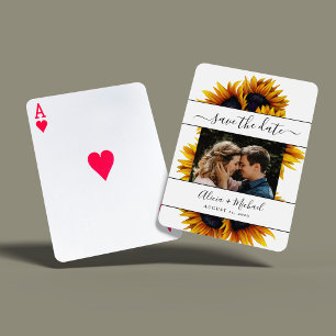 Rustic modern sunflowers photo wedding save date playing cards
