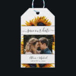 Rustic modern sunflowers wedding photo save date gift tags<br><div class="desc">Beautiful and easy to personalise photo wedding save the date favour gift tag with vibrant yellow-gold hand-painted sunflowers and elegant stripes with a trendy modern script over a clear white background. Suitable for summer and autumn fall garden backyard outdoor rustic modern weddings. The colours are changeable. If you need to...</div>