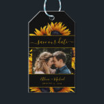 Rustic modern sunflowers wedding photo save date gift tags<br><div class="desc">Beautiful and easy to personalise photo wedding save the date favour gift tag with vibrant yellow-gold hand-painted sunflowers and elegant stripes with a trendy modern script over a solid black background. Suitable for summer and autumn fall garden backyard outdoor rustic modern weddings. The colours are changeable. If you need to...</div>