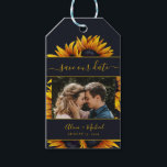 Rustic modern sunflowers wedding photo save date gift tags<br><div class="desc">Beautiful and easy to personalise photo wedding save the date favour gift tag with vibrant yellow-gold hand-painted sunflowers and elegant stripes with a trendy modern script over a dark midnight blue background. Suitable for summer and autumn fall garden backyard outdoor rustic modern weddings. The colours are changeable. If you need...</div>