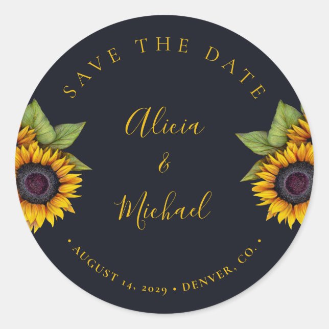 Rustic modern sunflowers wedding save date classic round sticker (Front)