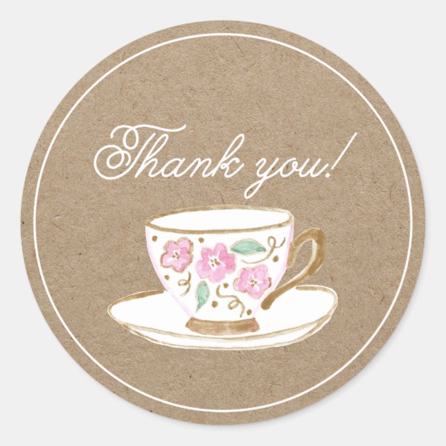 Rustic Modern Tea Party Thank You Classic Round Sticker (Front)