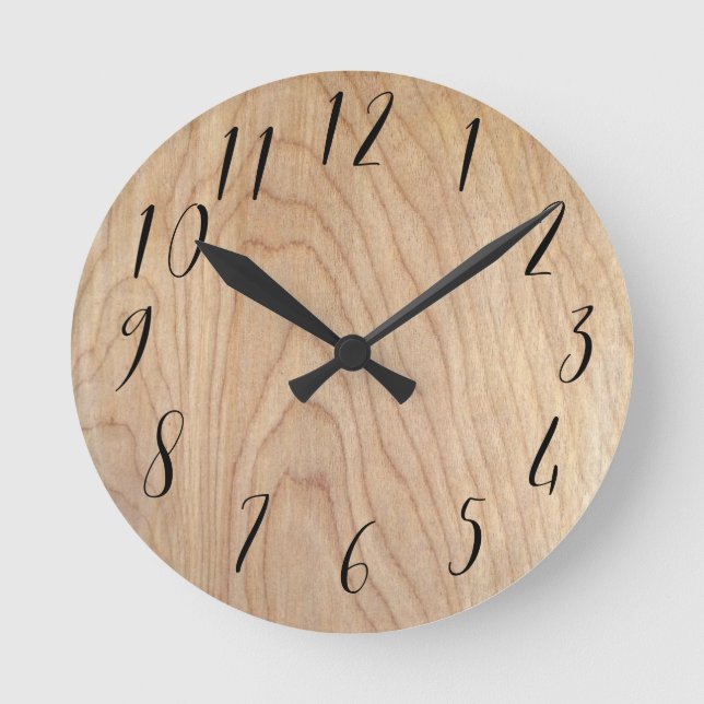 Rustic Modern Unfinished Wood Pattern Printed Round Clock (Front)