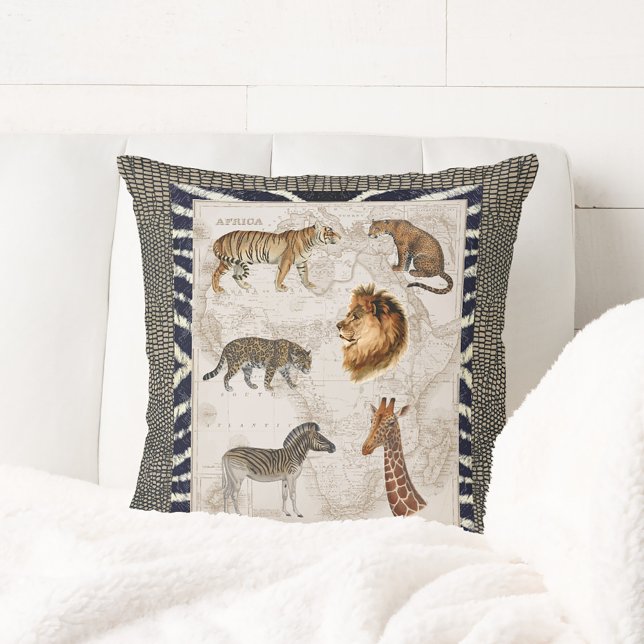 Rustic Modern Vintage African Lion Tiger Giraffe Cushion (Creator Uploaded)