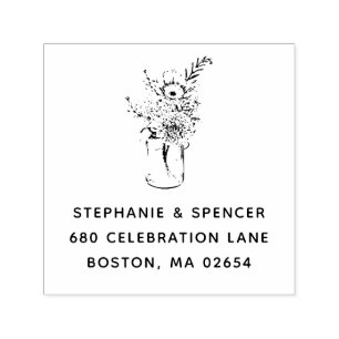 Rustic Modern Wildflower Mason Jar Wedding Address Self-inking Stamp
