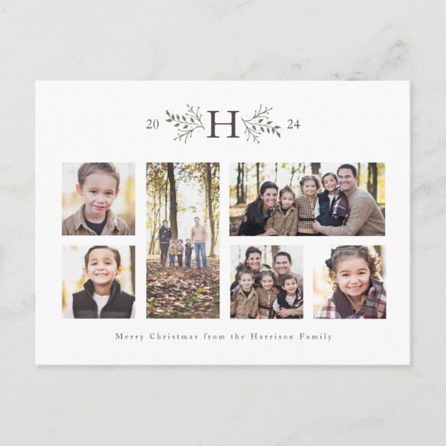 Rustic monogram 6 photo Christmas collage Holiday Postcard (Front)