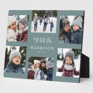 Rustic monogram 6 photo collage family name teal plaque