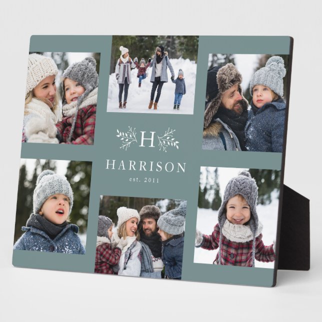 Rustic monogram 6 photo collage family name teal plaque (Side)