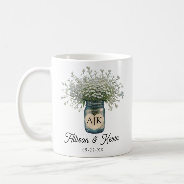 Rustic Monogram Baby’s Breath Mason Jar Wedding  Coffee Mug (Left)